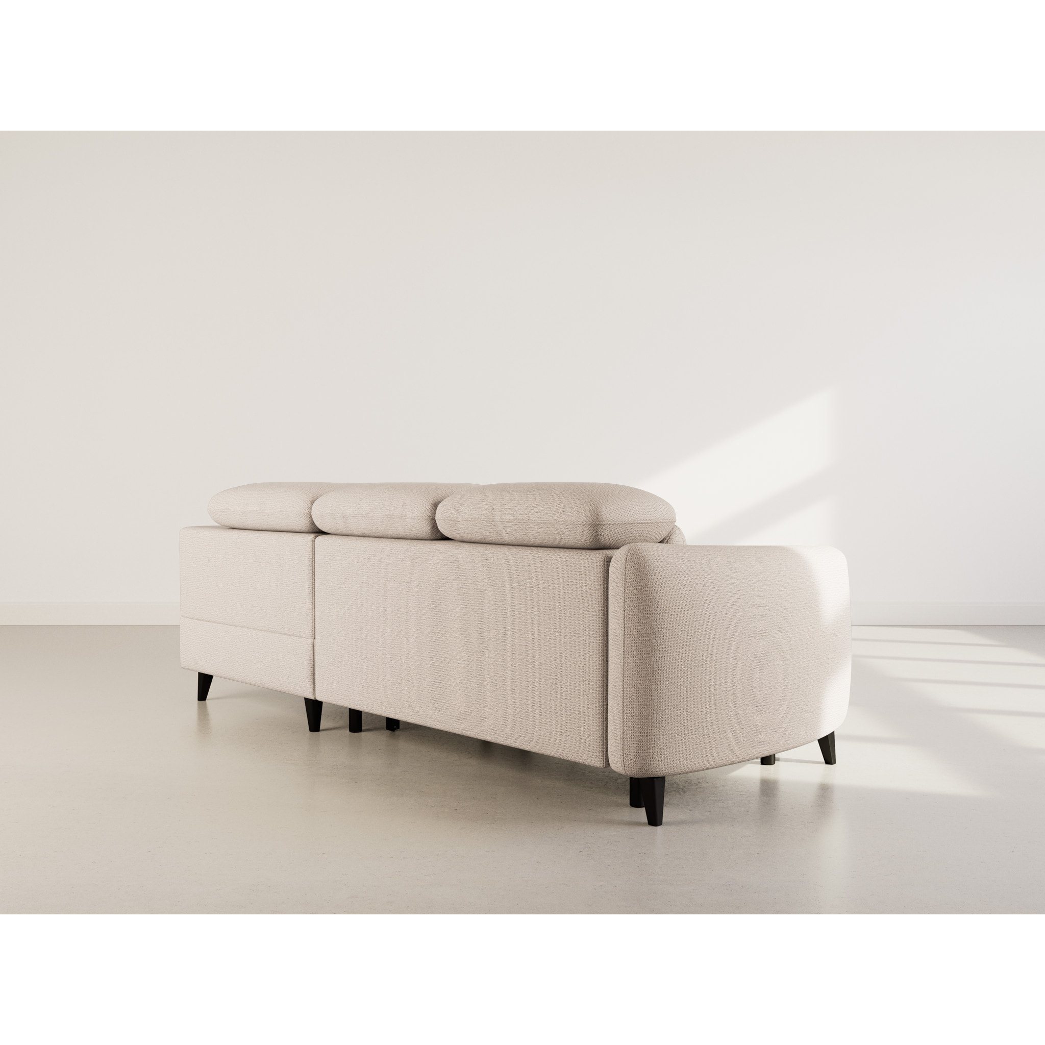 Opaline - Canapé d'angle droit 5 places convertible avec têtières et coffre en tissu texturé - Beige