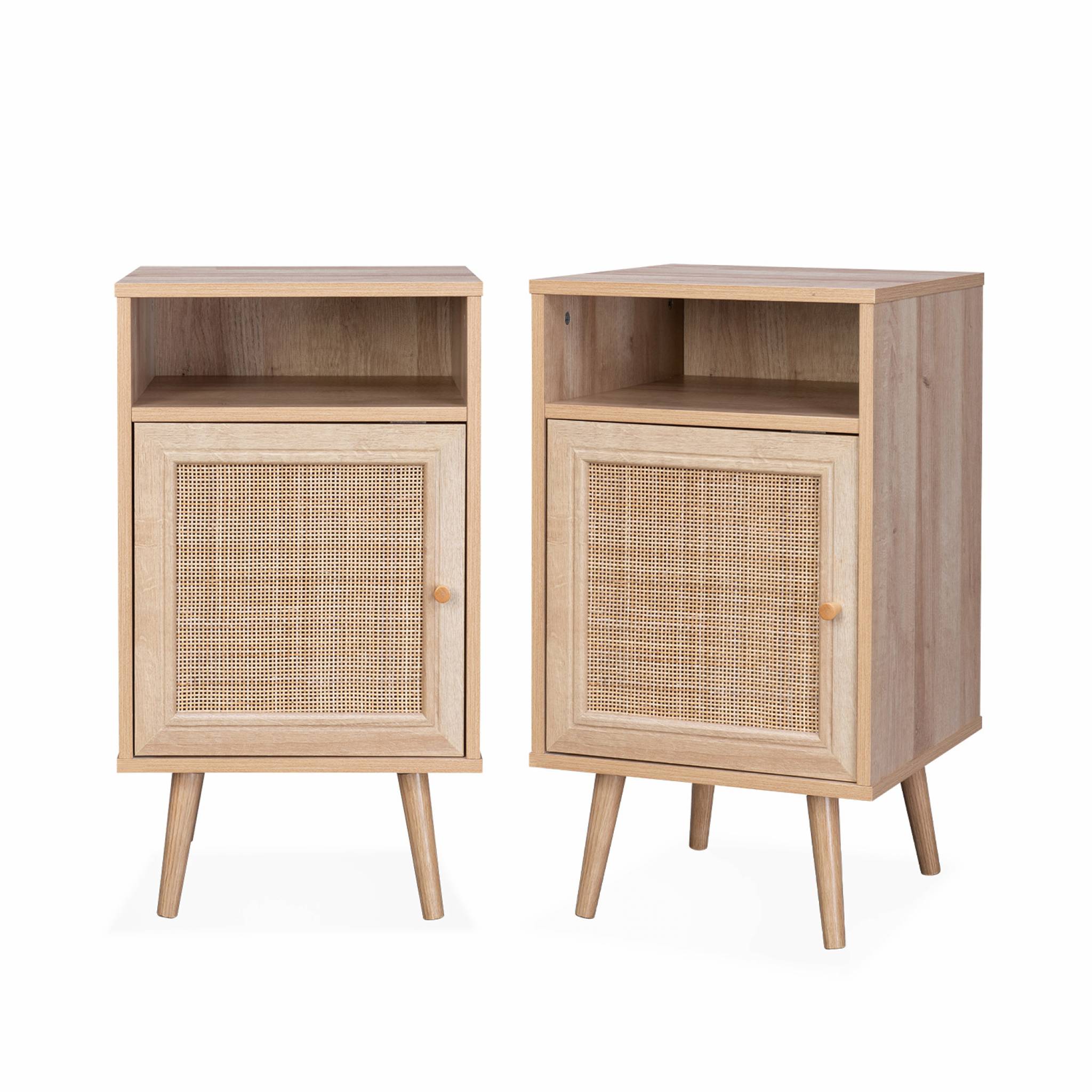 Lot de 2 tables de chevet en cannage - Bohème - 40x39x70cm Naturel - 2 niveaux - 1 portes - 1 espace de rangement - pieds scandinaves