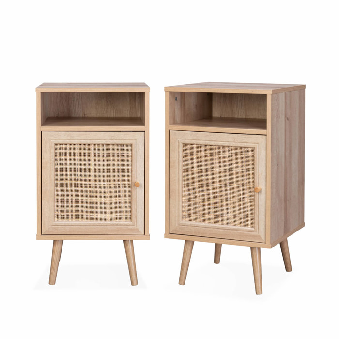 Lot de 2 tables de chevet en cannage - Bohème - 40x39x70cm Naturel - 2 niveaux - 1 portes - 1 espace de rangement - pieds scandinaves