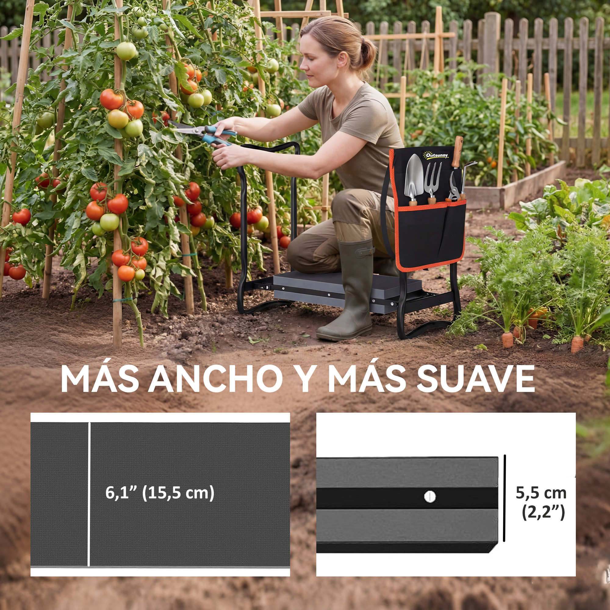 Taburete de Jardín Plegable con Almohadilla de Espuma EVA, Asiento de Jardín Portátil con Bolsa para Herramientas en Cintura, Carga 150 kg, Regalo para Jardineros, Ancianos, Negro