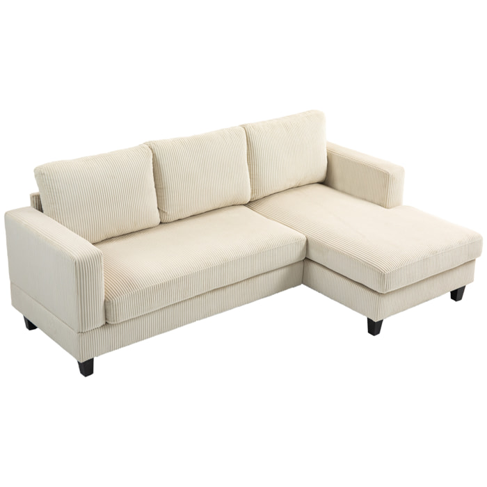 Sofá Chaise Longue, Sofá de 3 Plazas en Forma de L, Tapizado en Pana, Asiento y Respaldo Acolchados, para Salón, 214x134x87 cm, Beige