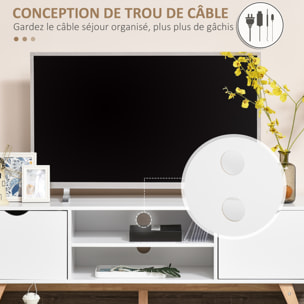 Meuble TV bas sur pied style scandinave 2 portes 2 niches passe-fils panneaux particules MDF blanc bois massif hévéa