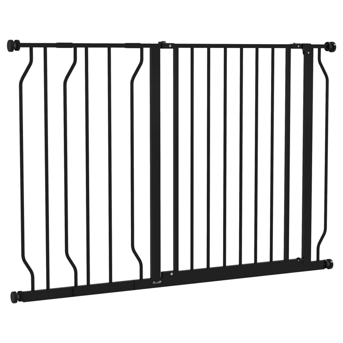 Barrera de Seguridad para Perros Extensible 75-115 cm para Puertas y Escaleras Puerta de Seguridad Apertura en Dos Sentidos y Solo una Mano Extensiones Montaje a Presión y Doble Bloqueo Negro
