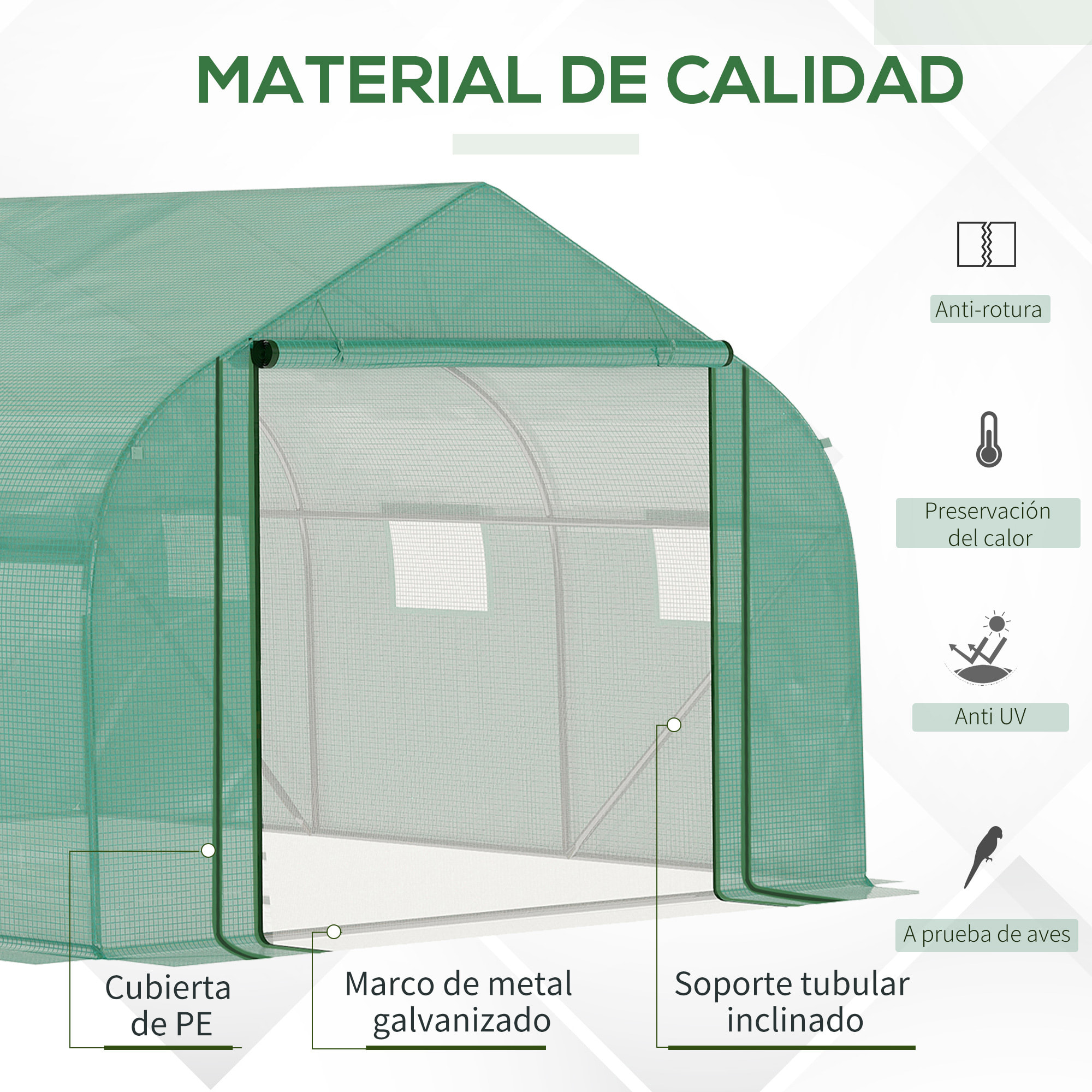 Invernadero de Túnel 3,5x3x2 m Invernadero de Jardín con Puerta y 6 Ventanas Enrollables de Polietileno Metal Galvanizado para Cultivos Plantas Flores Verde