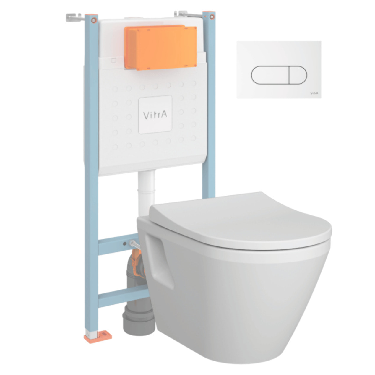 Pack WC suspendu VITRA Integra blanc + bâti mur porteur V-Fix Core + Plaque Round Blanche