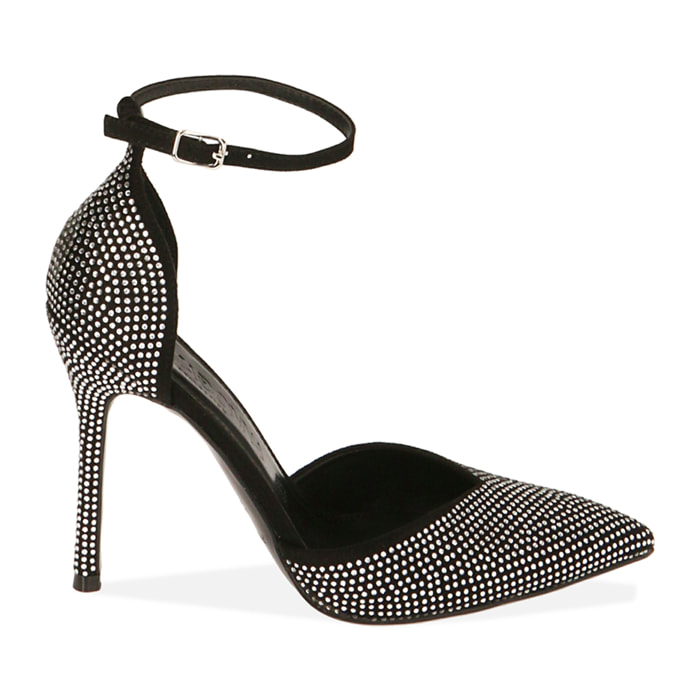 Décolleté cinturino nere con strass, tacco 10,5 cm