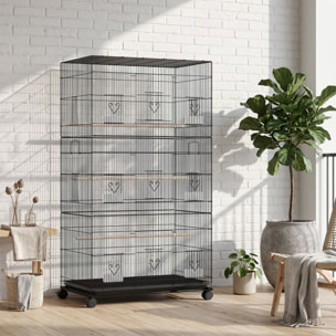 Jaula Grande para Pájaros con Ruedas, Jaula Metálica con 6 Comederos, Bandeja Extraíble, Múltiples Puertas, 3 Perchas de Madera, Pajarera para Periquitos, Agapornis, Ninfas 77x46,5x141 cm Negro