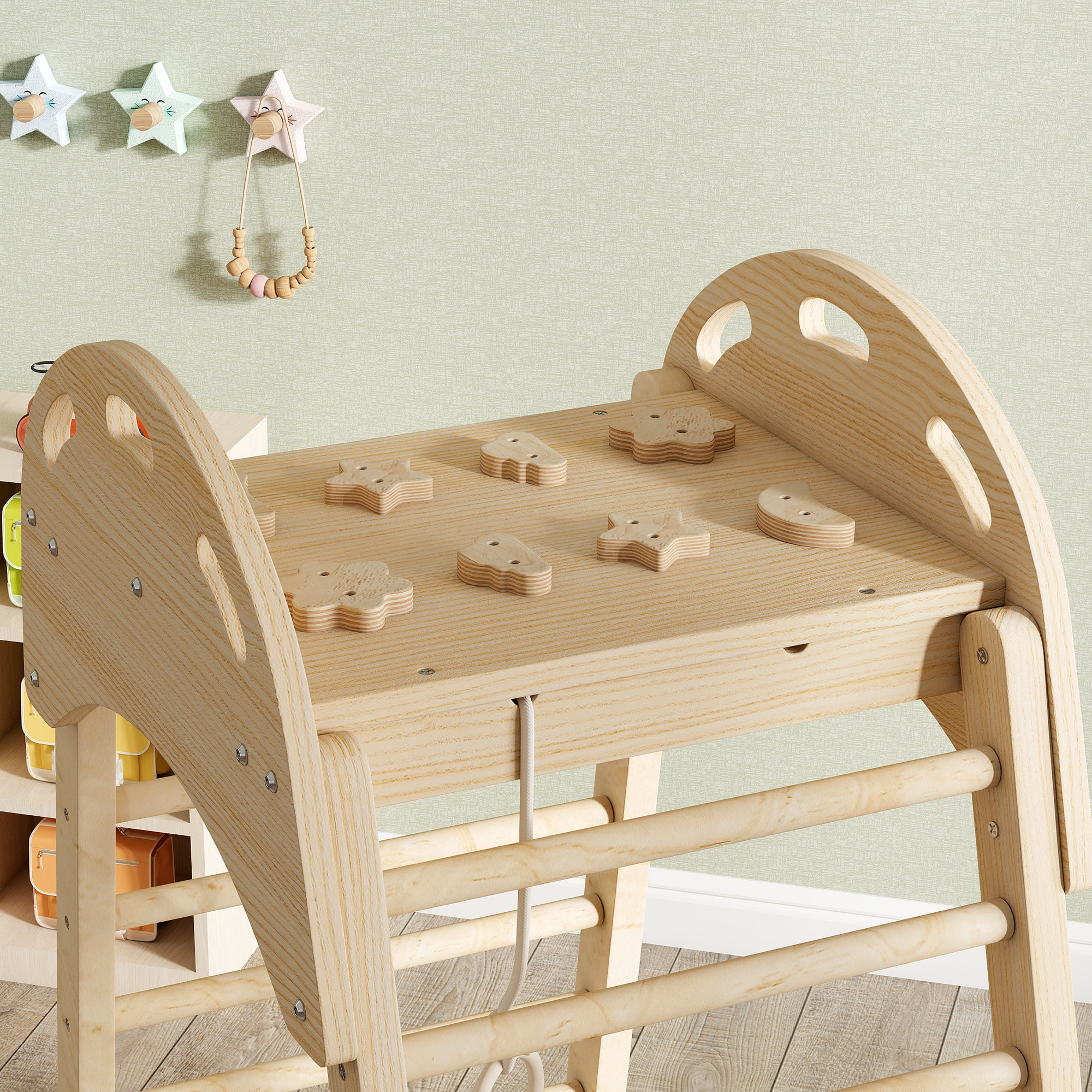 6 en 1 Triángulo de Escalada Montessori, Estructura de Escalada de Madera con Plataforma, Anillos y Tobogán, para Deslizarse o Escalar, para Niños de 18-48 Meses, Interiores, Natural