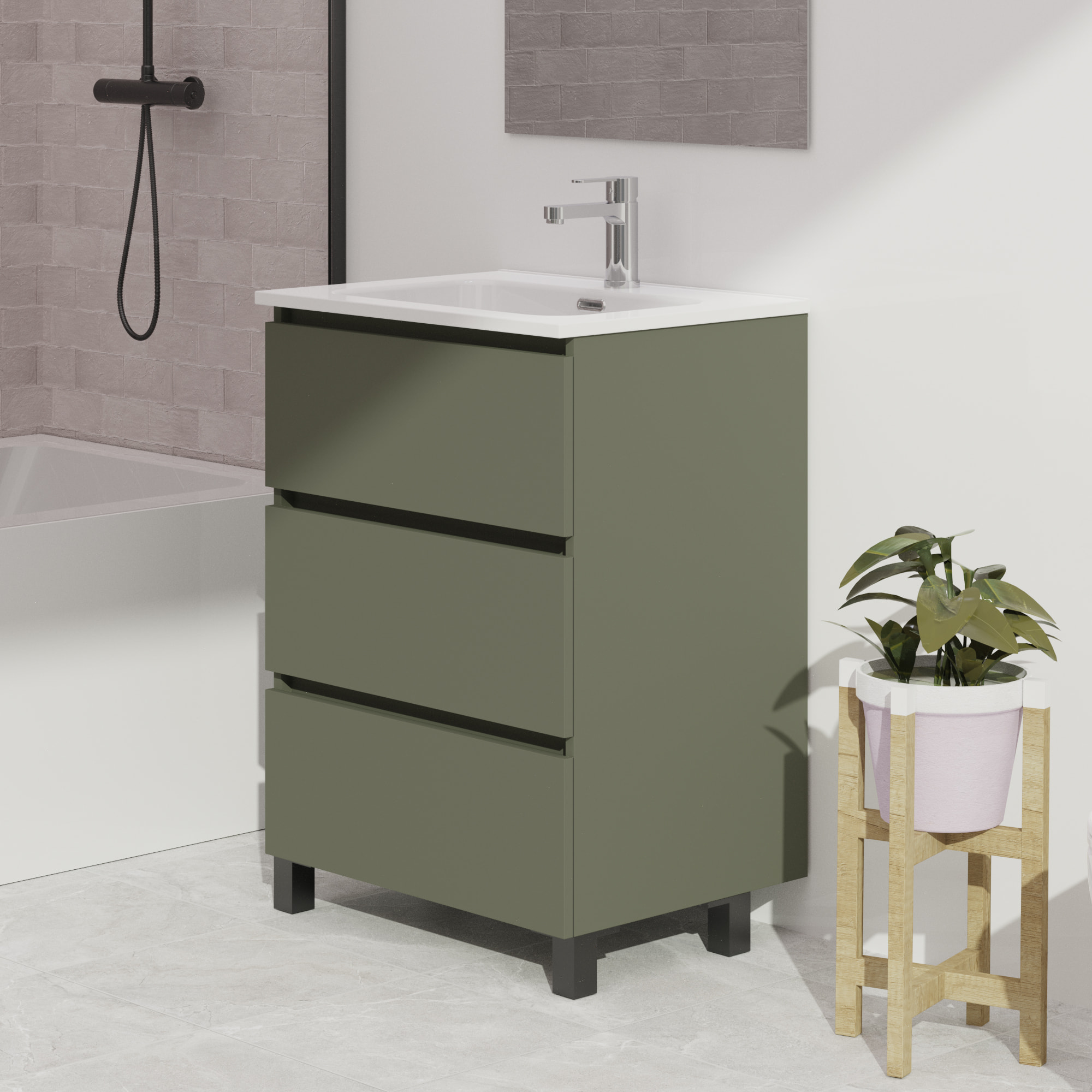 Conjunto de baño Wink | 60 cm Verde Musgo | Tres cajones | Lavabo encastrado | No incluye espejo | Mueble montado | Alday