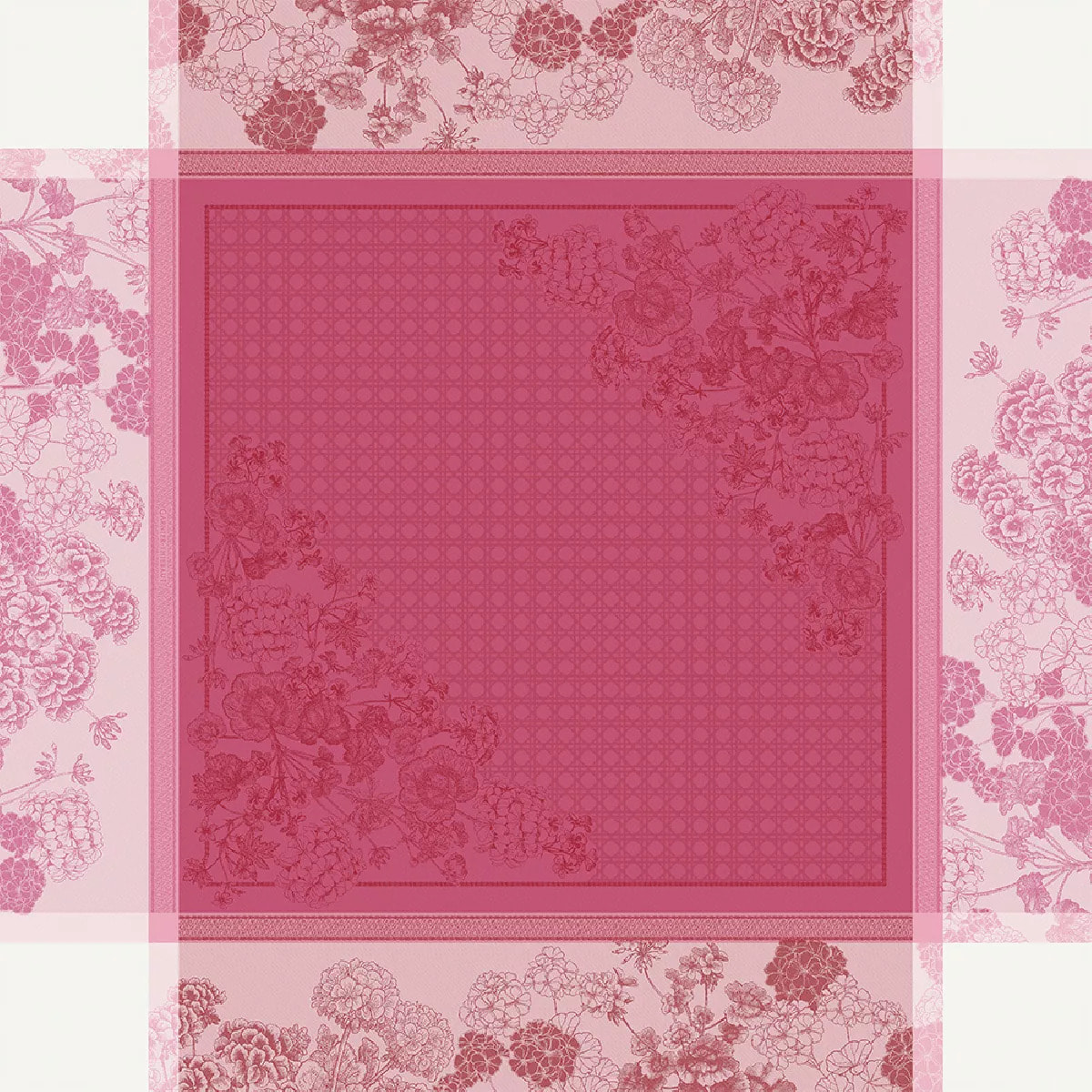 Nappe anti tache pur coton bio motif jacquard Geraniums rose