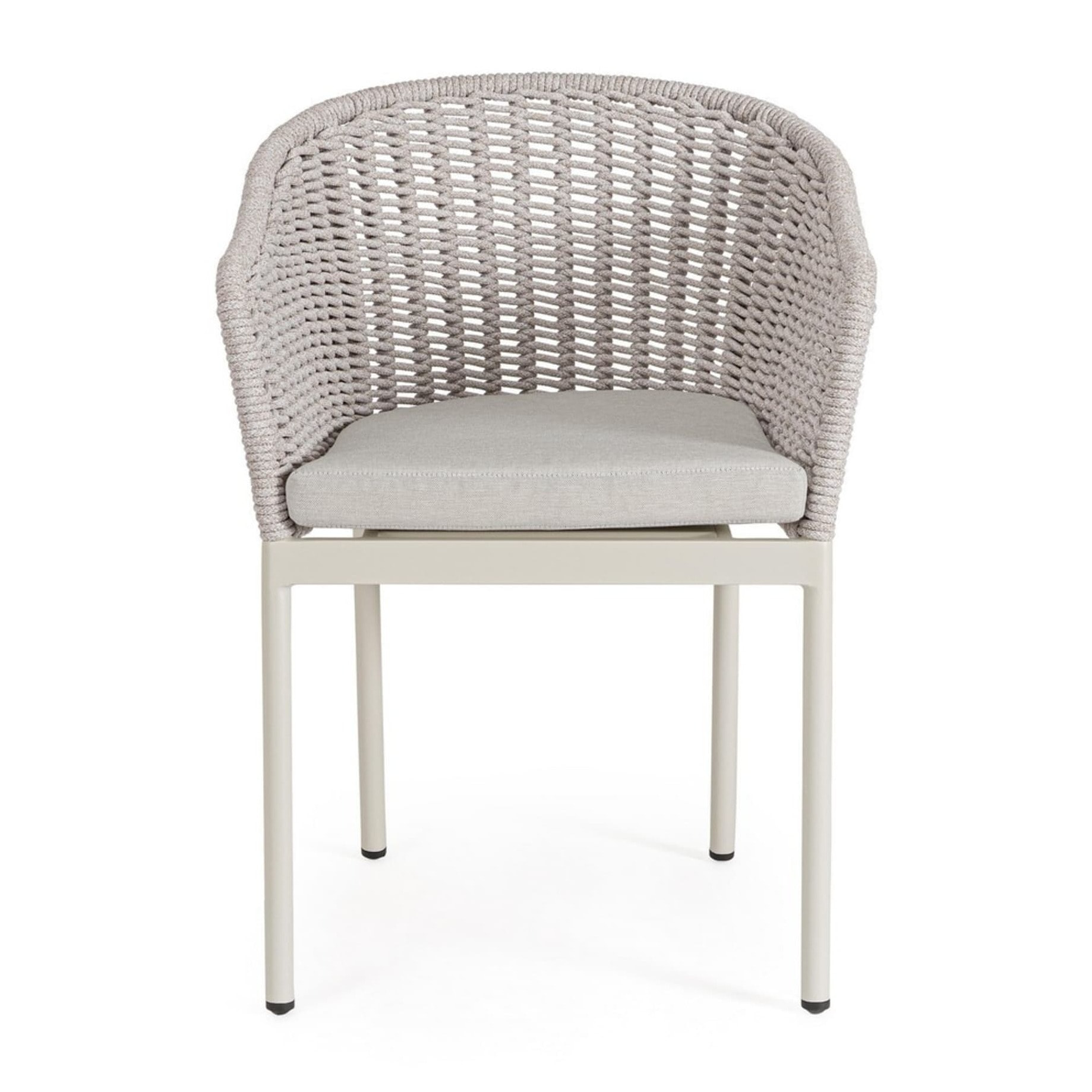 Set di 4 sedie con braccioli ORIO in corda tortora e alluminio beige, impilabili
