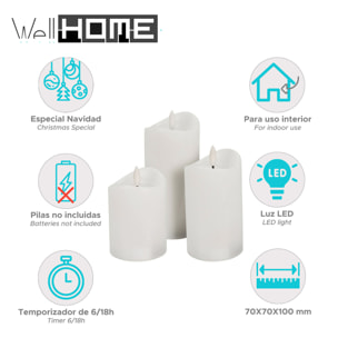 juego de 3 velas led con efecto gelatina y función temporizador con tamaños variados