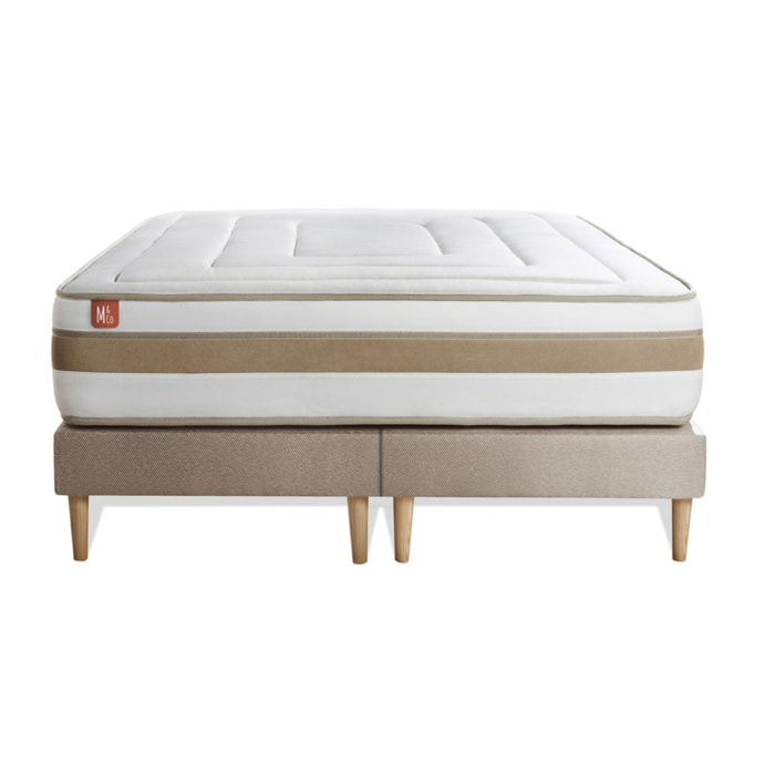 Ensemble Matelas Le Raffiné - 26cm - Ressorts ensachés et mémoire de forme - Confort haut de gamme, impact réduit. - Sommier Tapissier Beige