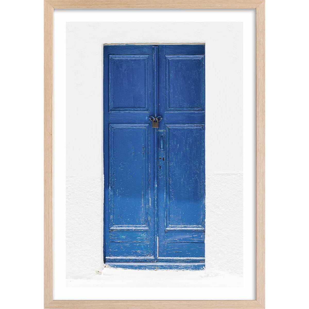 Poster porte bleue ios Affiche + cadre en bois - Chêne