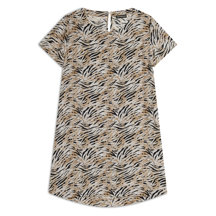 Vestito midi in viscosa animalier con maniche corte