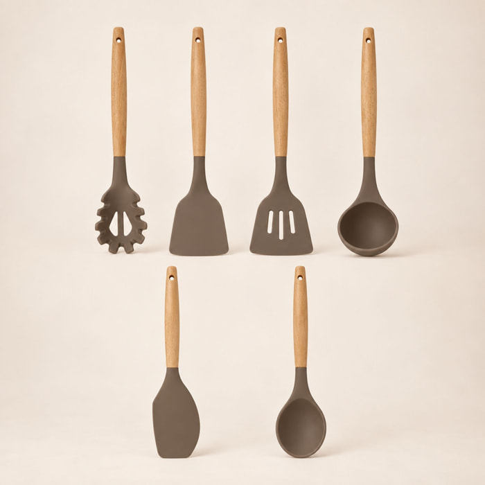 Lot de 5 ustensiles en silicone et manche en bois  ELIOTT