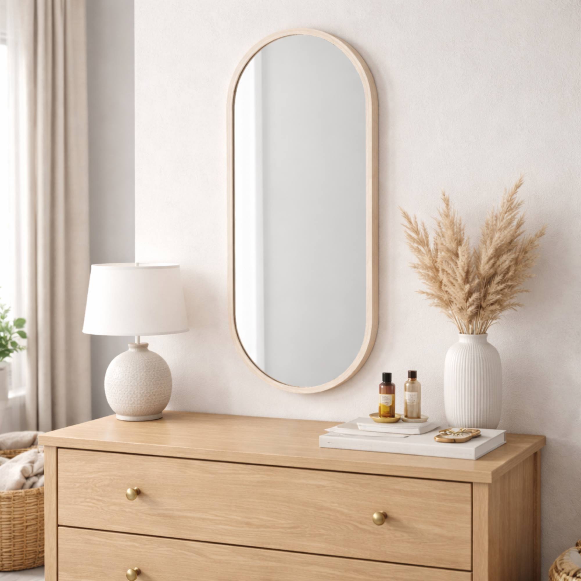WELL HOME Espejo ovalado 30x60cm marco de madera clara, con gancho trasero para pared ideal para dormitorio o pasillo