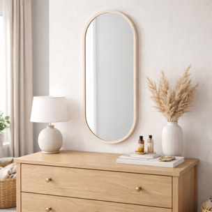 WELL HOME Espejo ovalado 30x60cm marco de madera clara, con gancho trasero para pared ideal para dormitorio o pasillo
