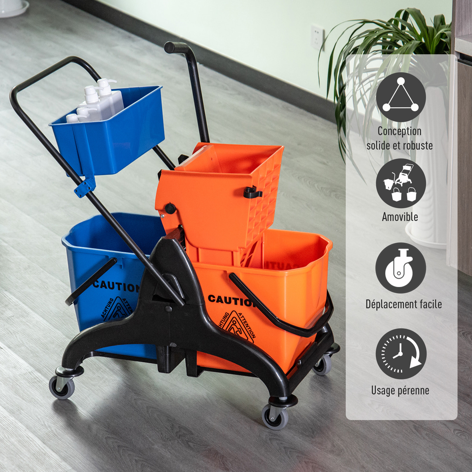 Chariot de lavage chariot de nettoyage professionnel presse à mâchoire 2 seaux + rangement orange bleu
