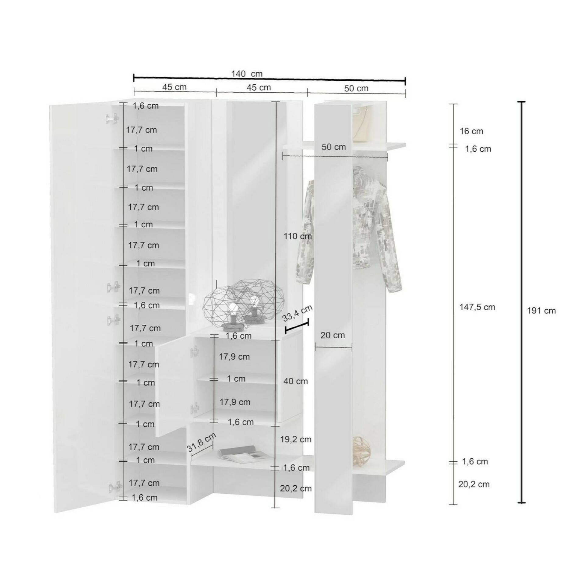 Mobile da ingresso Dcriscion, Armadietto multifunzione a 2 ante, Appendiabiti da parete con 2 specchi, 140x35h190 cm, Bianco