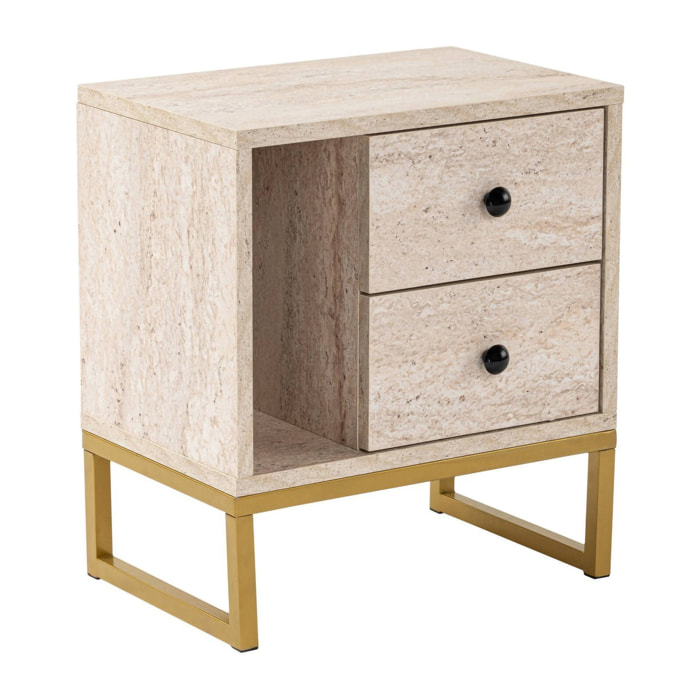 Comodino Rhiannon, Comò basso, Tavolino da notte, Mensola da letto, 45x30 h50 cm, Beige e Oro
