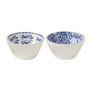 J-Line Bol Motif Floral Bois De Manguier Bleu/Blanc Medium Assortiment De 2