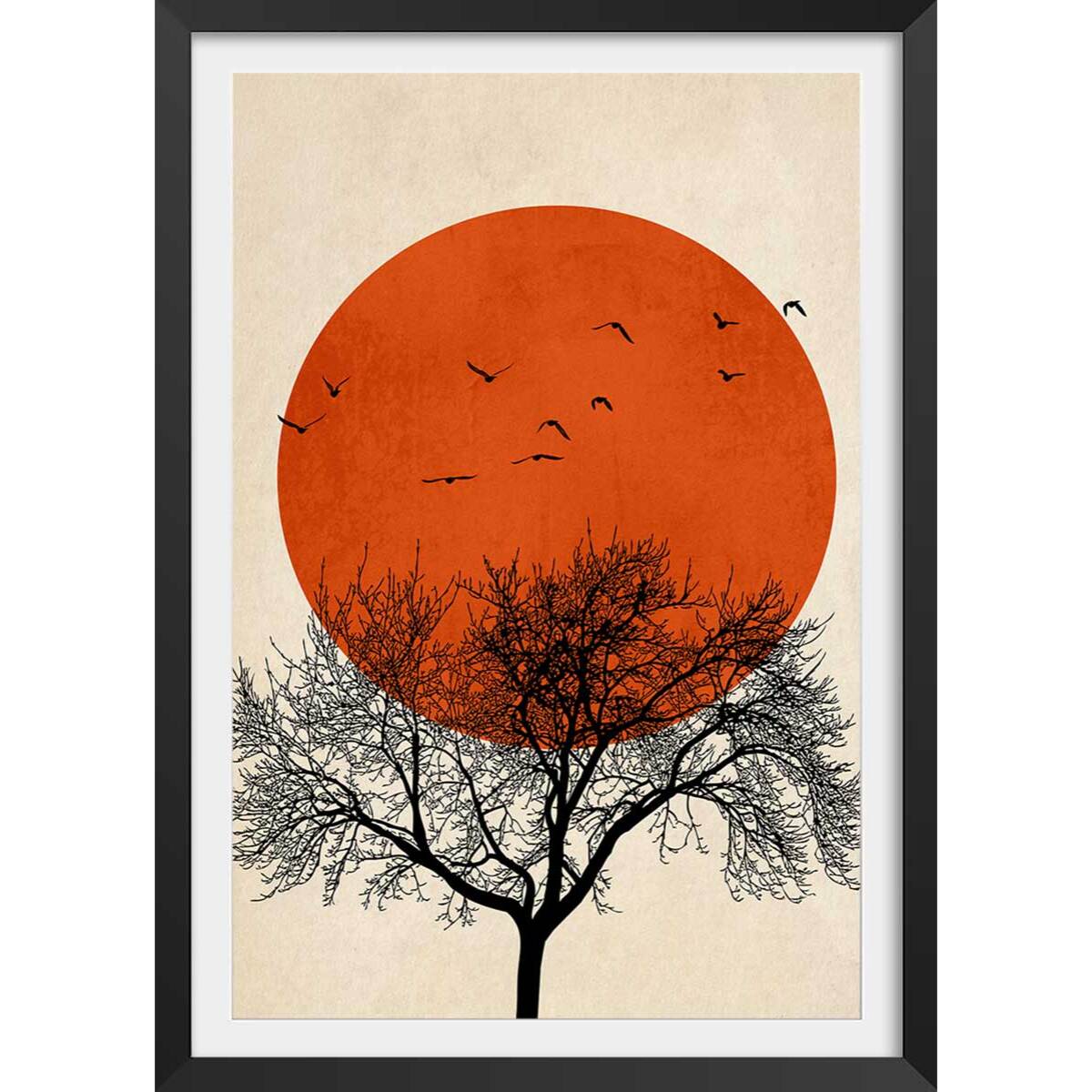 Affiche ""soleil rouge graphique"" Affiche + cadre en bois - Noir