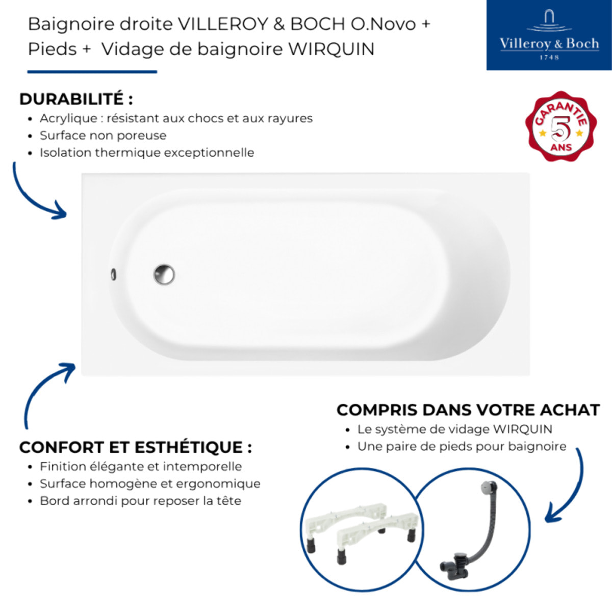 Baignoire droite 160 x 70 VILLEROY & BOCH O.Novo + Pieds + Vidage WIRQUIN chromé