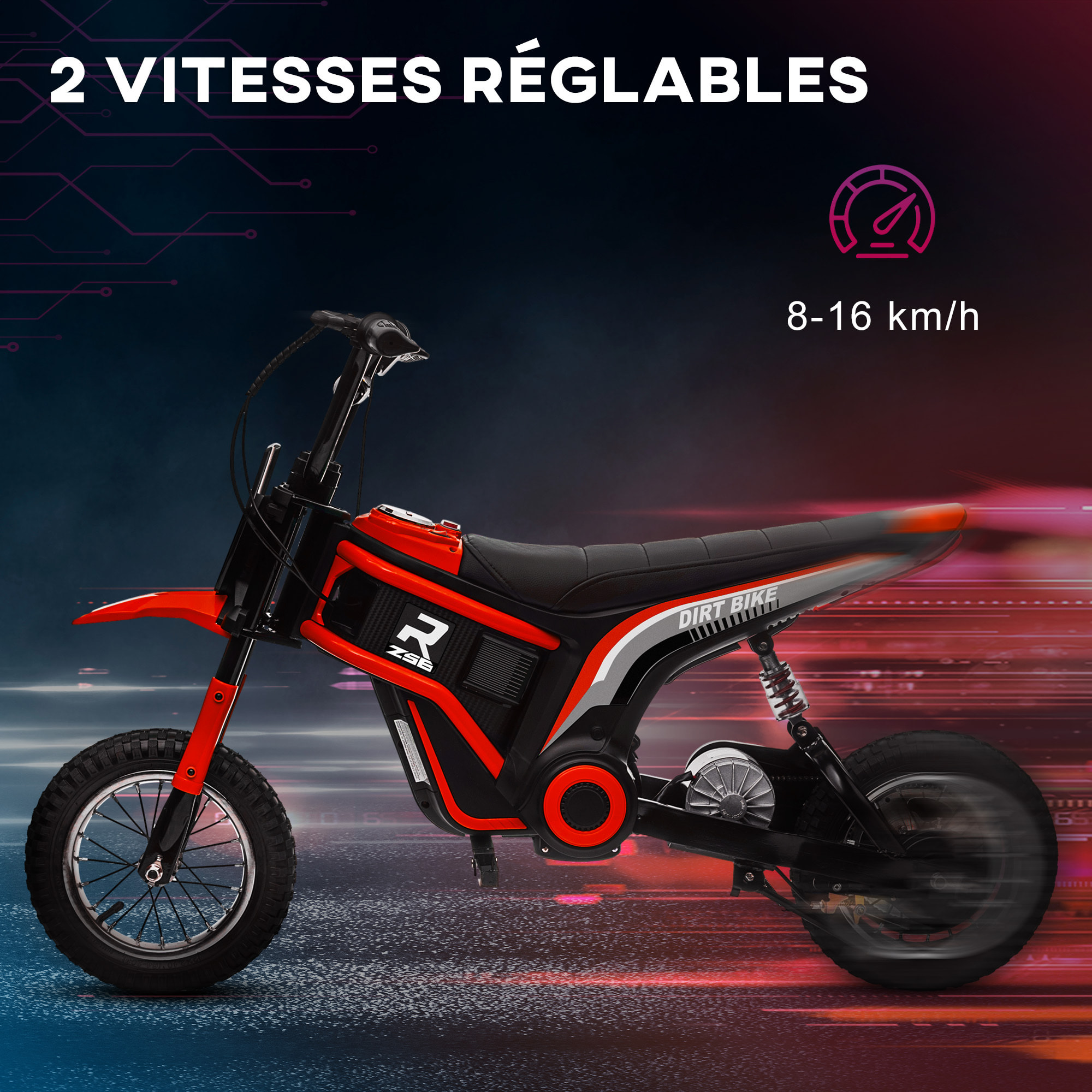 Moto cross électrique dirt bike enfant 350W 12V 2 vitesses 8-16 Km/h rouge noir