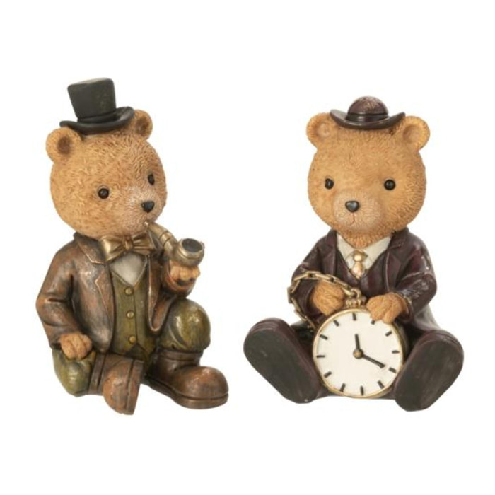 J-Line figurine ours Assis Pipe + Horloge - pierre - mix - 2 pcs