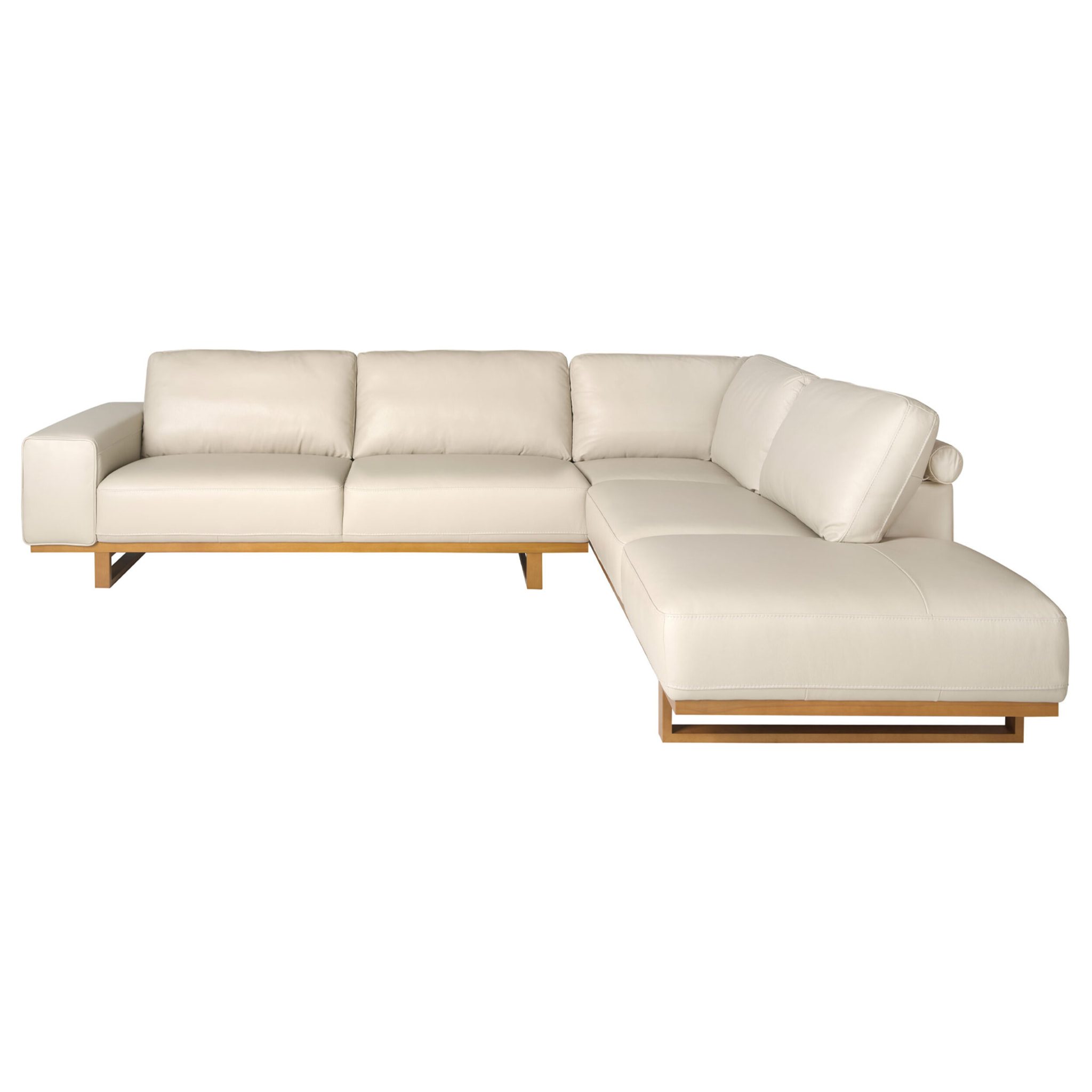 Sofá rinconera derecha de 5 plazas tapizado en piel de origen vacuno en arena patas de madera en miel 316x252x82cm
