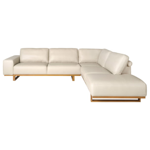 Sofá rinconera derecha de 5 plazas tapizado en piel de origen vacuno en arena patas de madera en miel 316x252x82cm