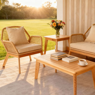 EMILIO Salon de jardin 4 places en bois avec 2 tables beige et bois