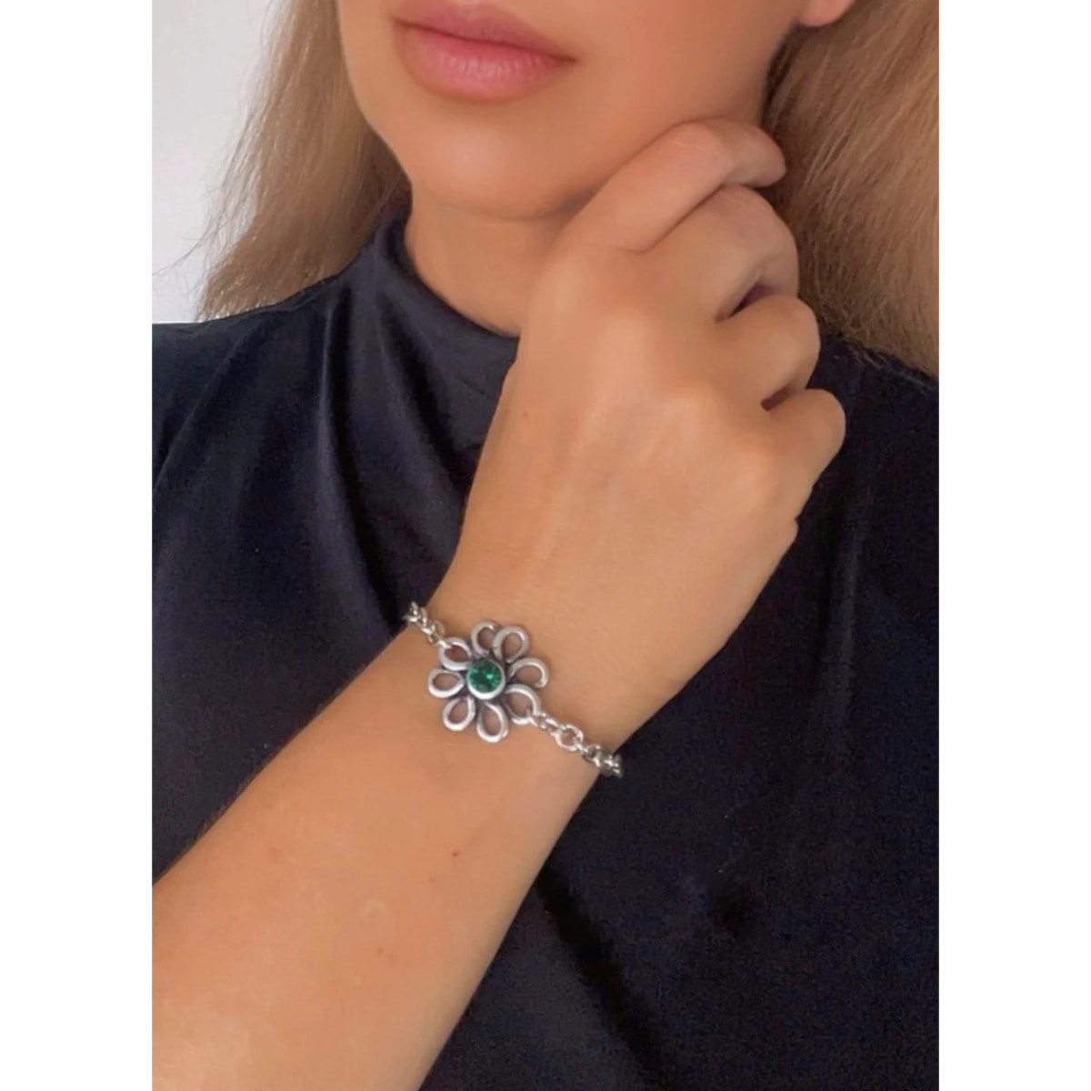 Pulsera flor margarita plata cristal Sw verde esmeralda