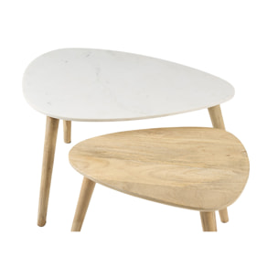 Tables basses gigognes marbre blanc et bois manguier massif (lot de 2) EVY