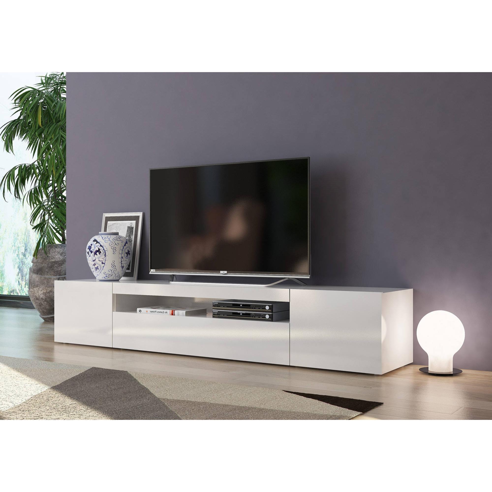 Mobile da soggiorno Porta TV, Made in Italy, Supporto per TV da salotto a 3 ante e ripiani, cm 200x40h37, colore Bianco lucido