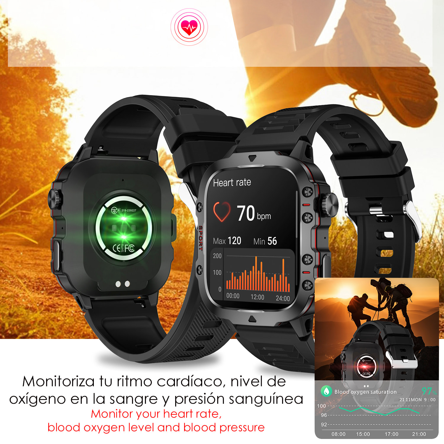 DAM Smartwatch QX11 outdoor. Llamadas Bluetooth, notificaciones push, más de 100 modos deportivos. Monitor cardiaco y O2. 5x1,2x4,3 Cm. Color: Beige