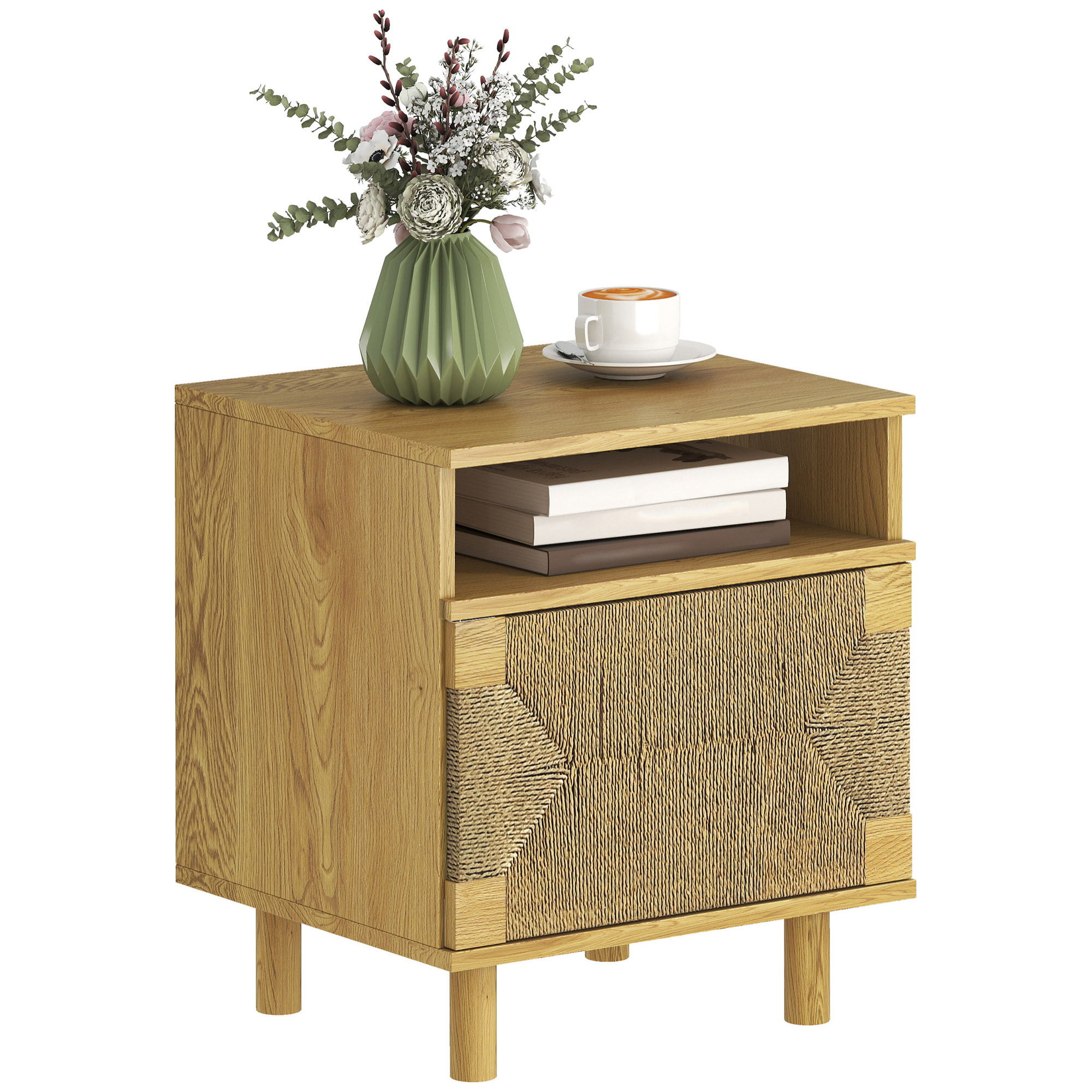 Mesita de Noche Bohemio con Puerta de Cuerda de Papel, Mesilla de Noche con Estante Abierto, Patas de Madera y Apertura por Presión, Mesa Auxiliar para Dormitorio, Salón, 45x39x50 cm, Roble