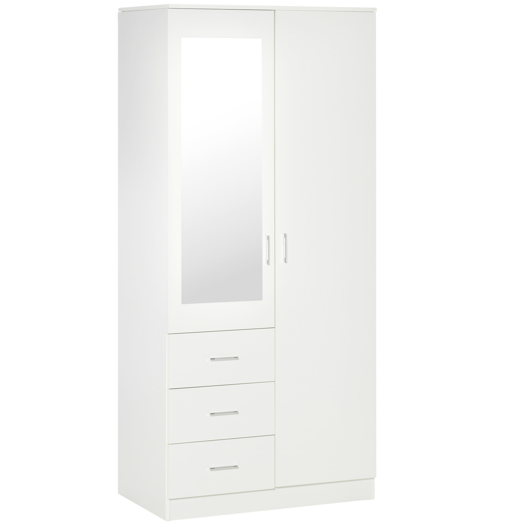 Armario Ropero de 2 Puertas con Espejo 3 Cajones Estantes Ajustables y Barra para Colgar Incluida Mueble Auxiliar para Dormitorio Habitación 80x50x180 cm Blanco