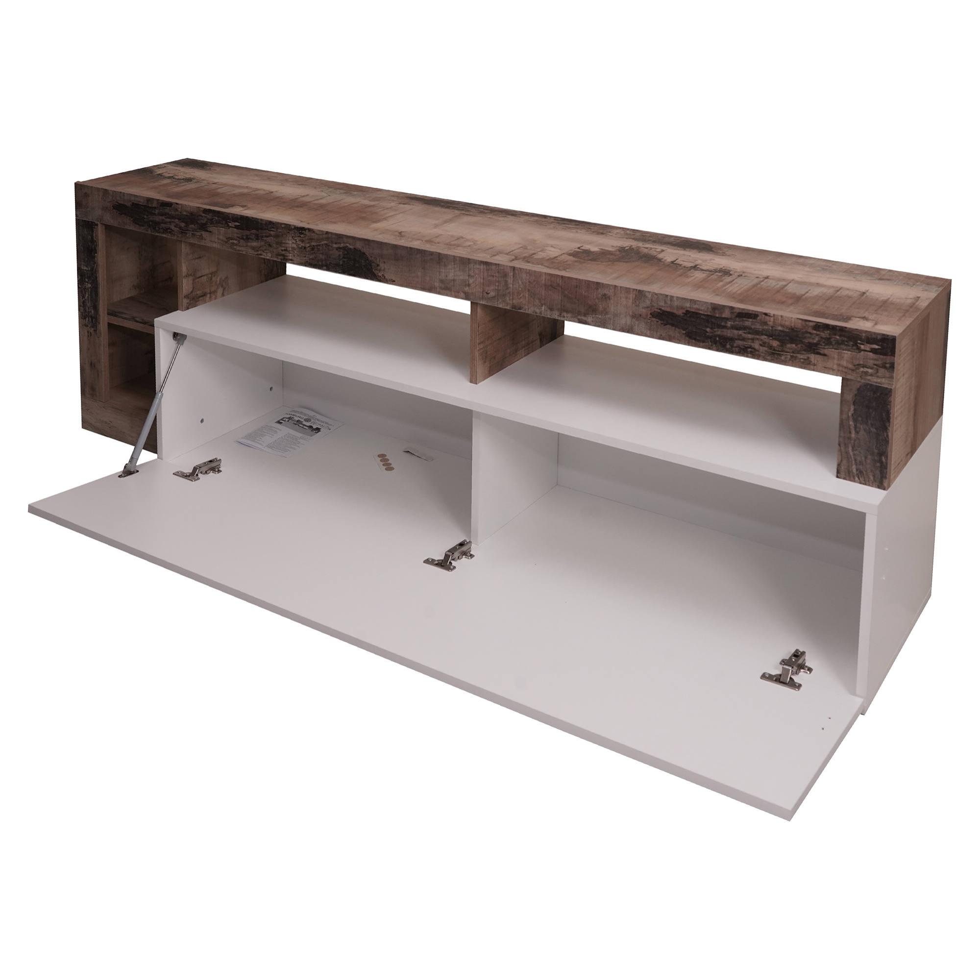 Mobile da soggiorno porta TV moderno con scaffali, Credenza bassa con anta a ribalta, Made in Italy, cm 184x58xh42, colore Bianco e Pero