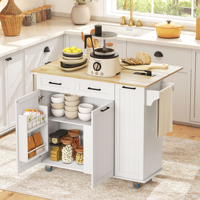 Isla de Cocina con Ruedas Carro de Cocina con Toma de Corriente USB Tablero Plegable 2 Cajones 2 Puertas Estante Ajustable Especiero y Toallero 119,5x74x94,5 cm Blanco