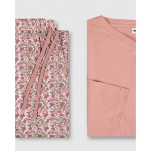 Pijama largo de algodón con escote pico amazonas rosa