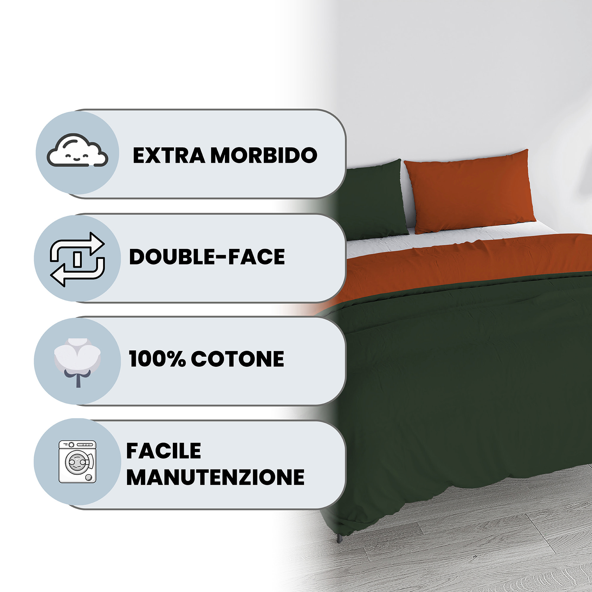 PARURE COPRIPIUMINO NATURAL COLOR, 100% Cotone, Made in Italy - VERDE OLIVA/TERRA