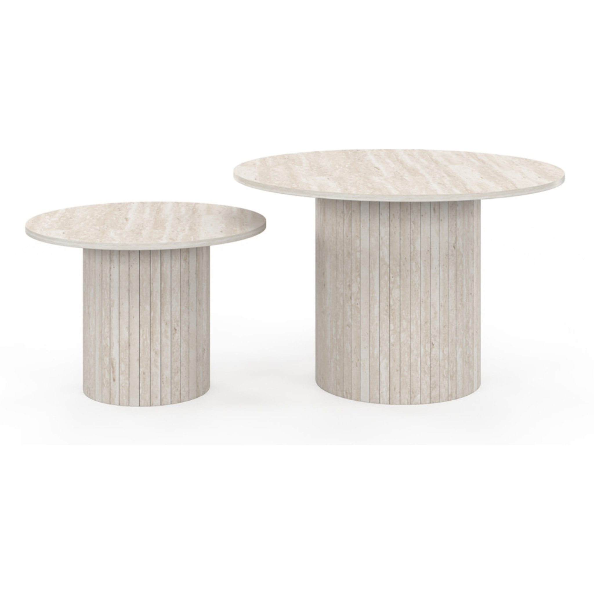 Tables basses rondes gigognes Alvar effet travertin et pieds lattes - lot de 2
