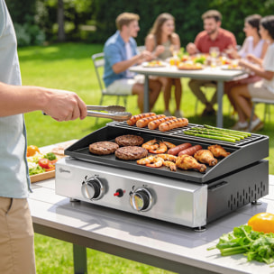 Barbacoa de Gas BBQ Gas con 2 Quemadores 5 kW, Barbacoa Portátil con Plancha, Rejilla Calentadora y Recogedor Grasa, para Camping, Picnic, Terraza, Negro