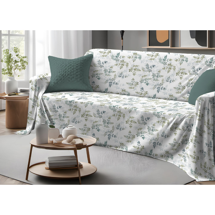 Telo Arredo Copritutto Grand Foulard Copridivano Copriletto 100% Cotone Disegno Petalo Verde