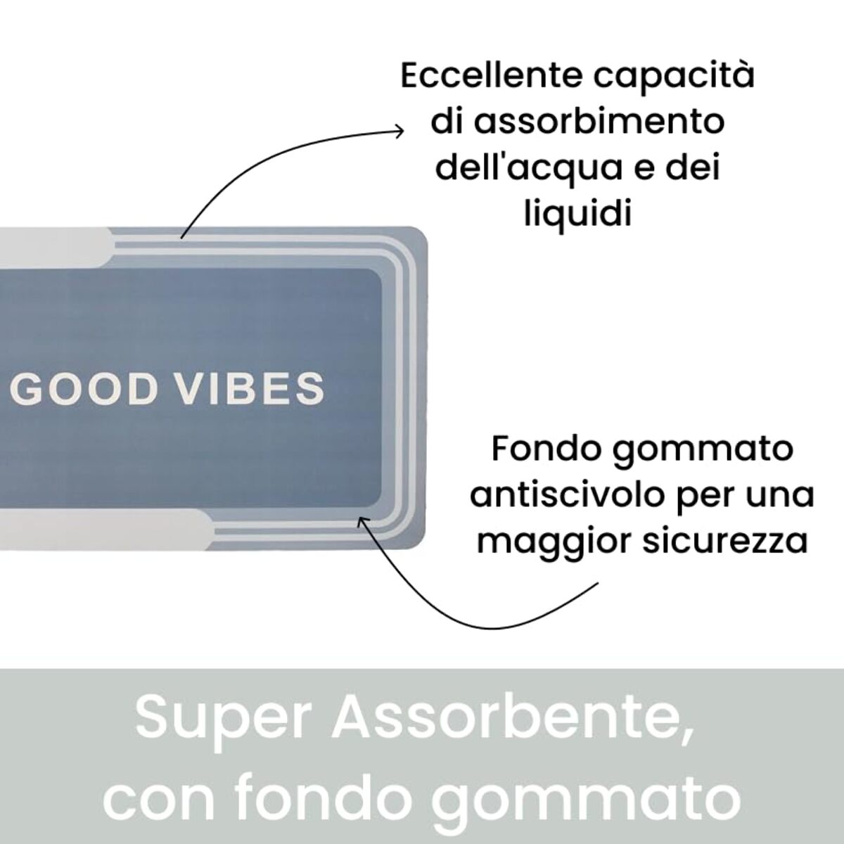 Tappeto Bagno, Tappeto Doccia Antiscivolo, Assorbente, Lavabile, 50x80 cm, Tappetino Magico per Bagno e Cucina. Modello: Good Vibes