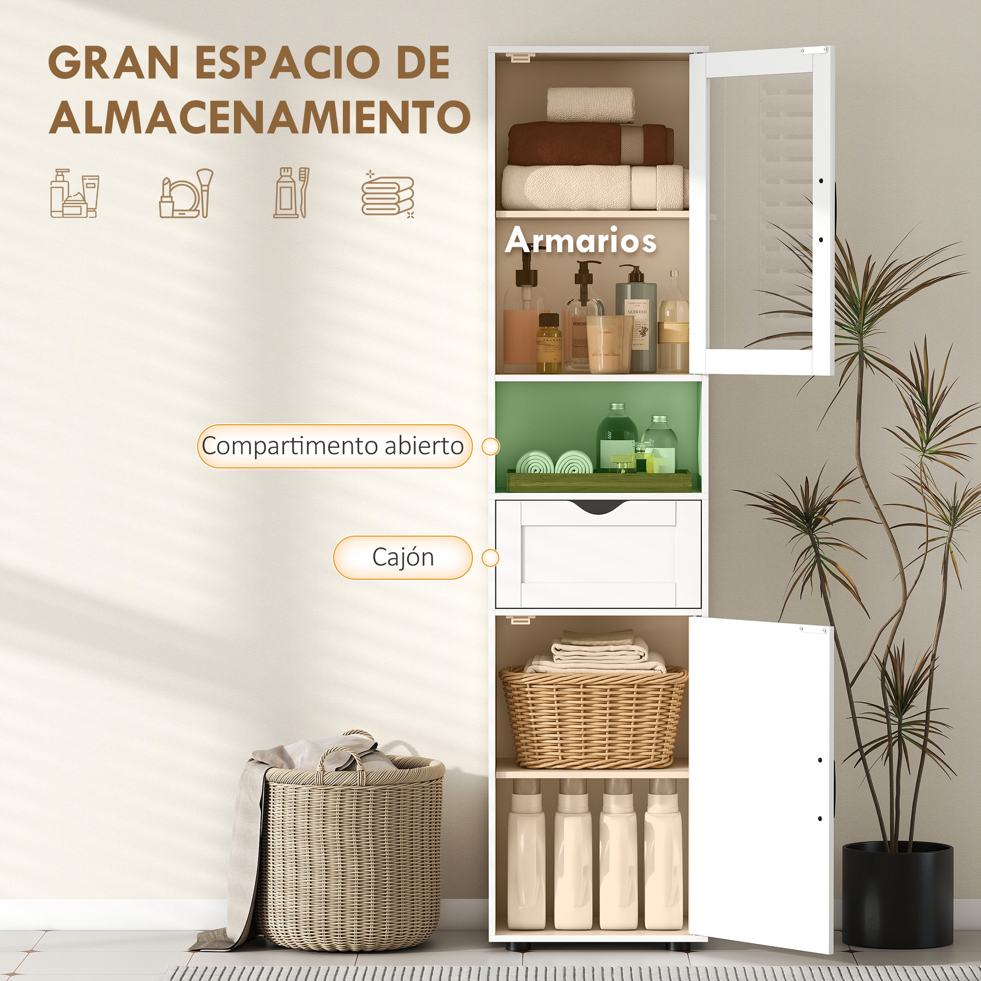 Armario de Baño Alto, Mueble Auxiliar de Baño con Puerta de Vidrio, Estantes Ajustables, Cajón, Estante Abierto, Columna Estrecha para Espacios Pequeños, 40x30x165 cm, Blanco
