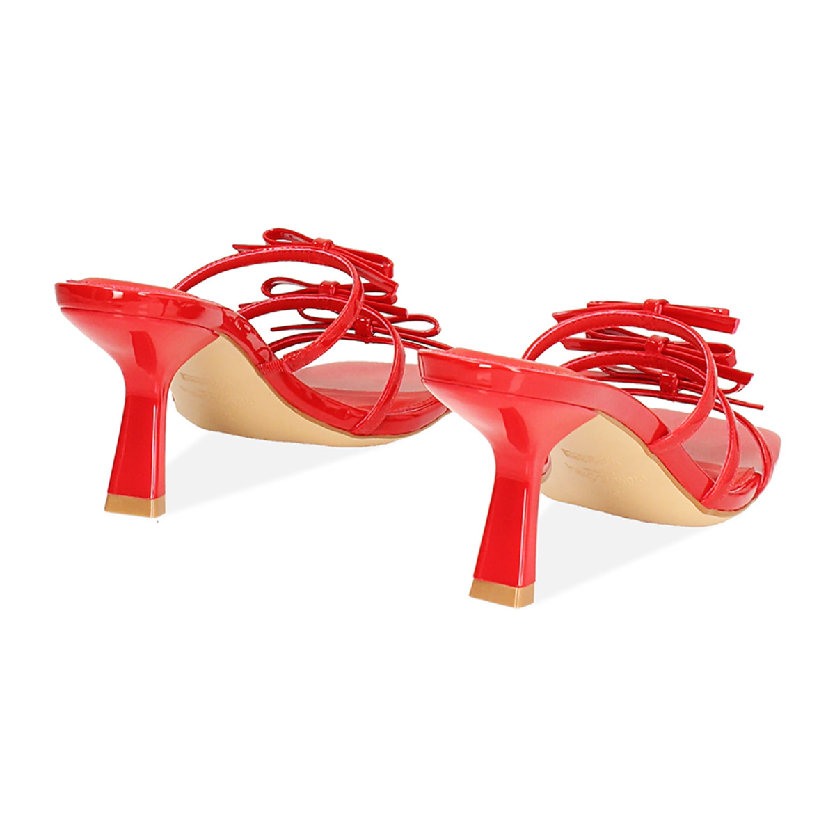 Mules open toe donna rosse in vernice con fiocchi, tacco 7 cm