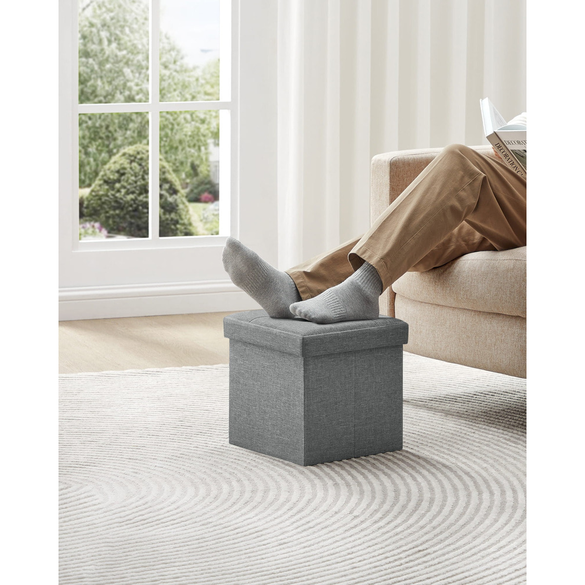 Pouf contenitore pieghevole grigio chiaro effetto lino